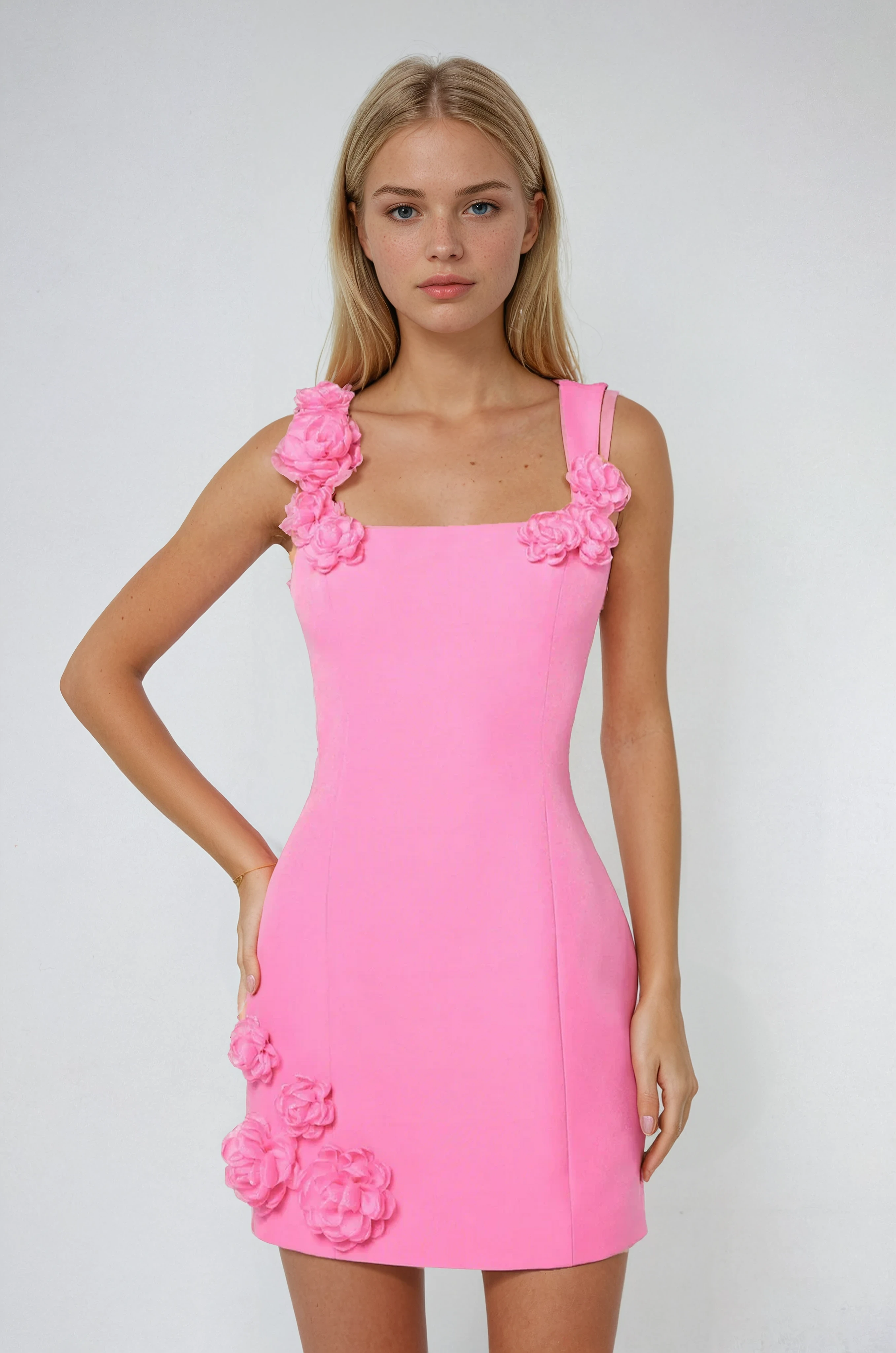Pink Floral Appliqué Mini Dress